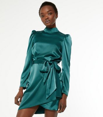Teal Satin High Neck Mini Dress | New Look
